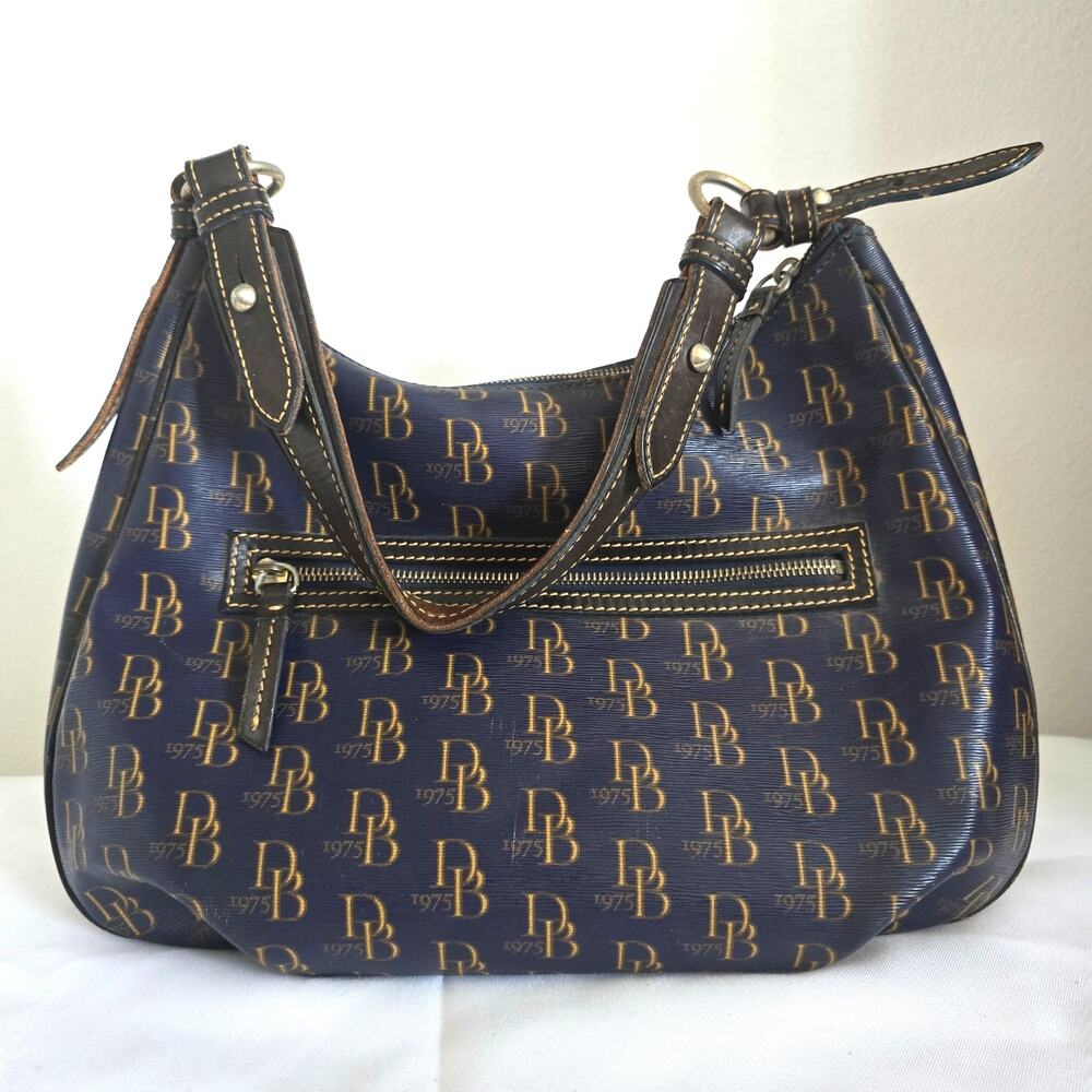 Dooney and Bourke 1975 Signature Collins Navy Shoulder Bag Coated Canvas Leather - Picture 2 of 10
